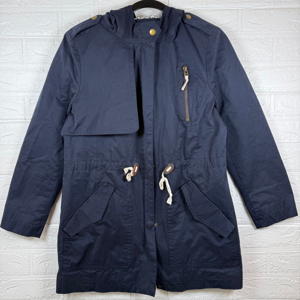 LOFT Utility Jacket Womens MP Navy Blue Hooded Cinched Waist Anorak Coat